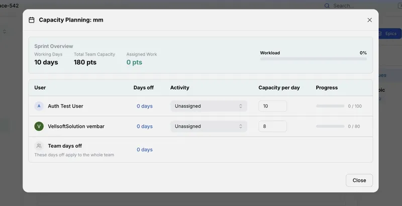 Klority sprint capacity planning view showing team member availability, leave calendar, overcommitted warning badge, and velocity trend sparkline.