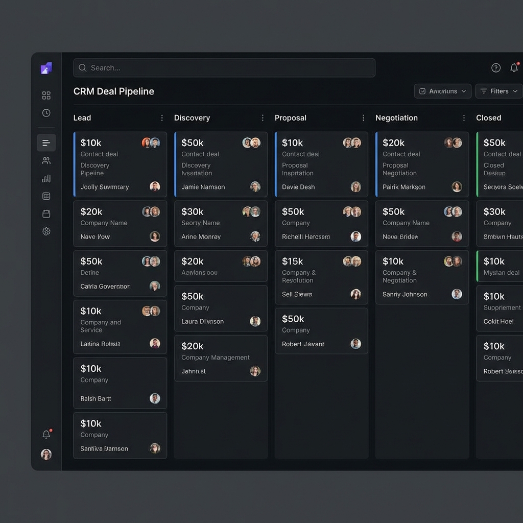 Klority CRM pipeline showing deal stages, contact management, and integrated sales tracking.