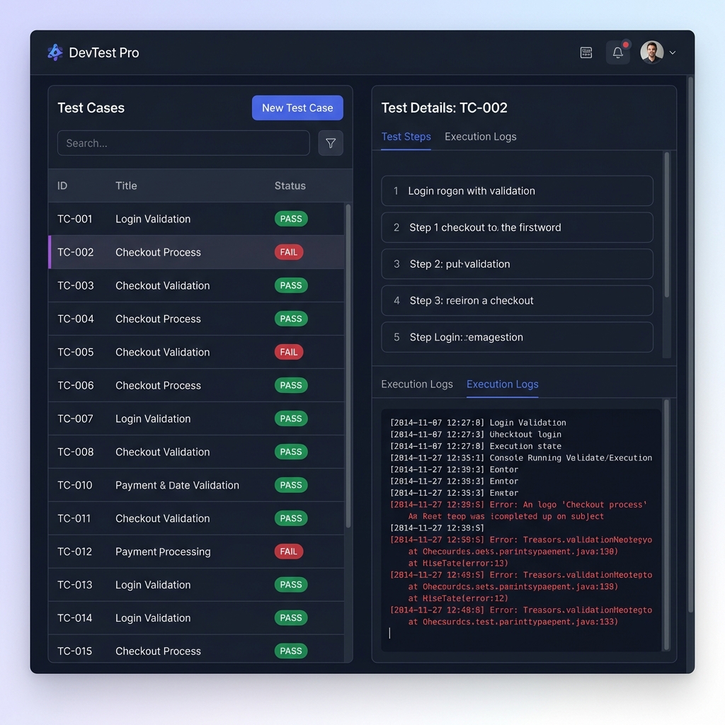 Klority Test Runner interface showing step-by-step test execution and defect reporting.