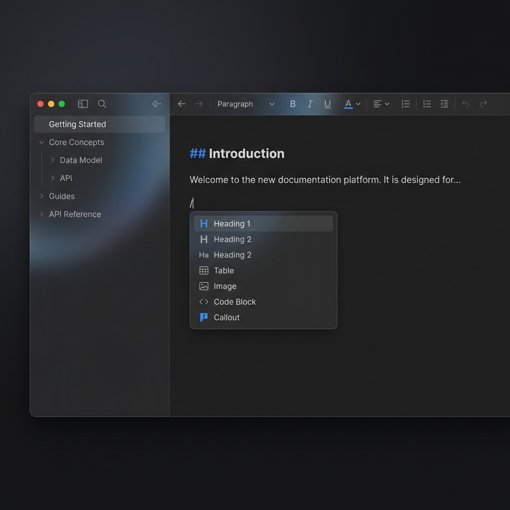 Klority Wiki editor showing rich-text features, markdown support, and collaborative engineering documentation.